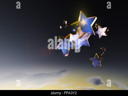 Il rendering di un gruppo di golden stelle blu nel Cielo di tramonto. Foto Stock