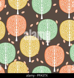 Alberi astratti seamless pattern, illustrazione vettoriale, foresta stilizzata, vintage disegno. Ornati in tronchi di alberi con rami e verde, giallo e arancione Illustrazione Vettoriale