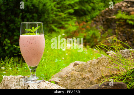 Un berry (rosa) frullato delizioso in un vetro che si erge tra la pietra. La menta si trova sulla parte superiore del frullato. Foto Stock