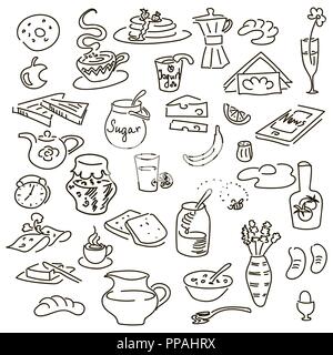 La colazione del mattino doodle vector seamless pattern impostato su nero. Chalk stile consiglio di amministrazione. Pane, burro, snack e cibo, latte, pane tostato, marmellata, cereali, caffè, uova, p Illustrazione Vettoriale