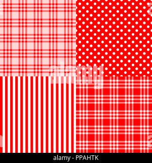 Vector set di 4 modelli di rosso (con striping, plaid, pezzata) . Buon per il bambino, doccia, compleanno, festa della mamma, Festa del Papà, Natale e Capodanno Scrapbook, Gr Illustrazione Vettoriale