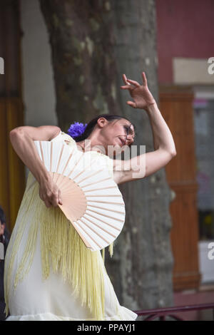 Pubblico spettacolo di flamenco sulla strada annuale sagra del miele di lavanda in Riez, Provenza, FRANCIA, DIPARTIMENTO Alpes-de-Haute-Provence Foto Stock