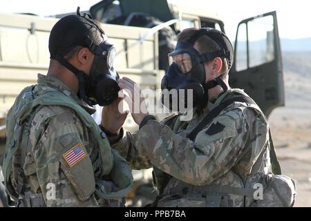 Soldati con Delta Company, 103 Vigili del Battaglione di Ingegneria, 56th Stryker Brigade Combat Team, ventottesima divisione di fanteria, Pennsylvania esercito Guardia nazionale, si aiutano a vicenda chiaro il loro servizio in comune lo scopo generale di maschere durante un inaspettato di gas CS attacco contro il loro accampamento presso il National Training Center, Fort Irwin, California, e il agosto 17. La capacità di reagire rapidamente a un chimico, biologico, radiologico e nucleare rischio assicura che l esercito nazionale soldati di guardia di mantenere la disponibilità standard stabiliti dall'esercito la forza complessiva politica. Foto Stock