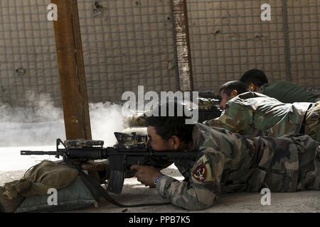 Provincia di Logar, Afghanistan (Agosto 16, 2018) Afghan Commandos partecipare ad un piccoli bracci live-Incendio campo, provincia di Logar, Afghanistan, Agosto 16, 2018. Commandos treno regolarmente con gli Stati Uniti Operazioni speciali soldati per affinare le proprie abilità sul campo di battaglia, aumentando la loro letalità e capacità. (NATO Foto Stock