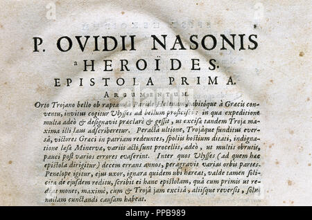 Publio Ovidius Naso (43 A.C.-17/18 A.C.), noto come Ovidio. Poeta romano. Le Heroides ("eroine') o Epistulae Heroidum. Testo in latino. Prima pagina. Lettera di Penelope a Ulisse. Lione, 1689. Foto Stock