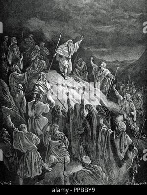 Mattatia (d. 165 BC). Leader della rivolta dei Maccabei. Mattatia chiamata alla lotta ai rifugiati ebrei in montagna. Maccabei, Libro I, capitolo II, versetti 40-46. Disegno di Gustave Dore. Incisione di Dumont. Foto Stock
