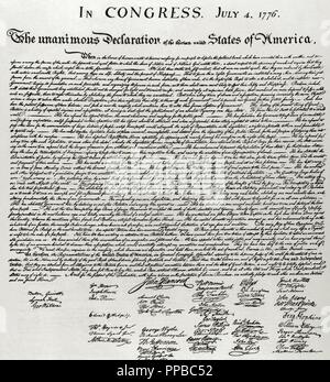 La Dichiarazione di Indipendenza degli Stati Uniti d'America. Luglio 4, 1776. Autori: Thomas Jefferson, John Adams e Benjamin Franklin. Facsimile. Xix secolo. Foto Stock