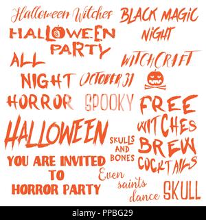 Set di Halloween preventivi per poster sulla festa di Halloween e spaventose frasi per biglietto di auguri parete stampabile art design e volantini, font diverso ca Illustrazione Vettoriale