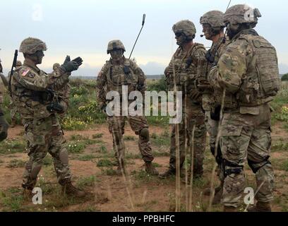 Col. Hugh Thomas, comandante della 2° reggimento di cavalleria delinea il suo intento di esercizio all'osservatore, coach e formatori con il primo squadrone, 2° Cav. Regt. Durante una comune bracci combinata live fire esercizio 26-30 Agosto a Bemowo Piskie Area Formazione, Polonia. Il CALFEX è progettato per mantenere la prontezza e la costruzione di interoperabilità tra soldati BPTA. I soldati sono su un periodo di sei mesi a rotazione l'assegnazione a sostegno della multinazionale gruppo di combattimento composta di Stati Uniti, Regno Unito, croato e soldati rumeni che servono con il polacco della XV Brigata meccanizzata come difesa e forza di dissuasione i Foto Stock