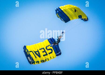 I membri dell'U.S. Navy parachute team, il salto delle rane, eseguire il paracadutismo technics durante il suono della velocità Air Show e Open House sopra Rosecrans Memorial, Aeroporto San Giuseppe, Mo., 24 agosto 2018. L'air show è stato ospitato da 139a Airlift Wing e la città di San Giuseppe per ringraziare la comunità per il loro sostegno. L'air show Comitato stima circa 70.000 persone hanno partecipato durante il fine settimana di performance. Foto Stock