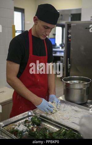 Pfc. Dominic Marimonti prepara gli ingredienti del suo piatto principale per il cibo specialista del quarto concorso al Camp Kinser, Okinawa, in Giappone, il 30 agosto 2018. Marimonti è un food service specialist con terzo Marine Gruppo Logistico sede reggimento ed è un nativo di San Louis, Missouri. Ha partecipato al concorso per espandere il suo conoscenze culinarie e testare le sue abilità come un specialista di cibo. Foto Stock