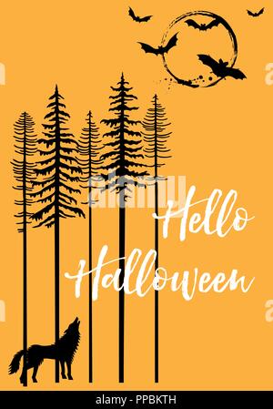 Sfondo di Halloween con alberi, urlando Wolf, luna e battenti pipistrelli, illustrazione vettoriale Illustrazione Vettoriale