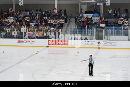 Oakville, Ontario, Canada. Xxi Sep, 2018. Yuzuru Hanyu del Giappone dopo aver eseguito negli uomini breve programma durante il 2018 Autunno classiche internazionali a sedici miglia di complessi sportivi in Oakville, Ontario, Canada, 21 settembre 2018. Credito: AFLO/Alamy Live News Foto Stock