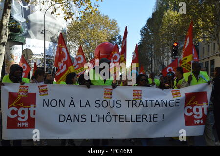 Parigi, Francia. Il 25 settembre 2018. Sciopero degli hotel lavoratori. Dall'Hotel Park Hyatt Paris Vendome, 5 rue de la Paix, Metro Opera, al Intercontinental Paris Le Grand Hotel. Il 25 settembre 2018. 12h ALPHACIT NEWIM / Alamy Live News Foto Stock