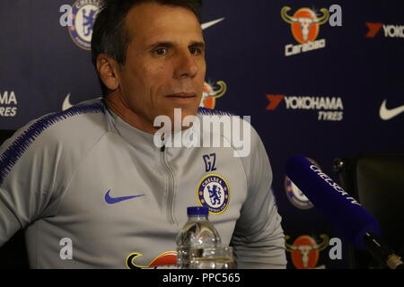 Cobham, Regno Unito. 25 Settembre, 2018. Cobham, Surrey, Regno Unito Assistant Chelsea Football Club manager, Gianfranco Zola, risponde alle domande dei media prima del suo team Carabao Cup match di mercoledì contro il Liverpool FC ad Anfield. Credito: Motofoto/Alamy Live News Foto Stock