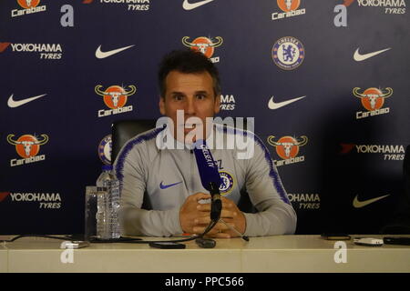 Cobham, Regno Unito. 25 Settembre, 2018. Cobham, Surrey, Regno Unito Assistant Chelsea Football Club manager, Gianfranco Zola, risponde alle domande dei media prima del suo team Carabao Cup match di mercoledì contro il Liverpool FC ad Anfield. Credito: Motofoto/Alamy Live News Foto Stock