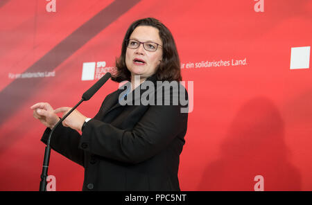 Berlino, Germania. Il 25 settembre 2018. Il 25 settembre 2018, Berlin: Andrea Nahles, presidentessa del DOCUP, ha parlato prima della riunione del gruppo parlamentare SPD nel Bundestag tedesco. Foto: Bernd von Jutrczenka/dpa Credito: dpa picture alliance/Alamy Live News Foto Stock