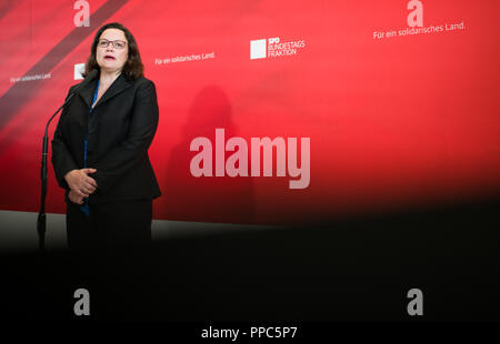 Berlino, Germania. Il 25 settembre 2018. Il 25 settembre 2018, Berlin: Andrea Nahles, presidentessa del DOCUP, ha parlato prima della riunione del gruppo parlamentare SPD nel Bundestag tedesco. Foto: Bernd von Jutrczenka/dpa Credito: dpa picture alliance/Alamy Live News Foto Stock