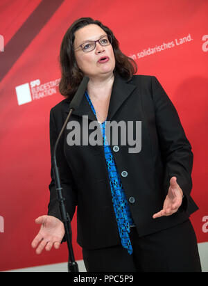 Berlino, Germania. Il 25 settembre 2018. Il 25 settembre 2018, Berlin: Andrea Nahles, presidentessa del DOCUP, ha parlato prima della riunione del gruppo parlamentare SPD nel Bundestag tedesco. Foto: Bernd von Jutrczenka/dpa Credito: dpa picture alliance/Alamy Live News Foto Stock