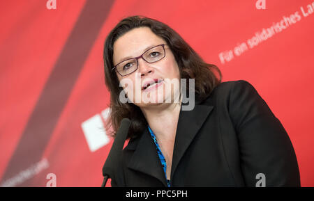 Berlino, Germania. Il 25 settembre 2018. Il 25 settembre 2018, Berlin: Andrea Nahles, presidentessa del DOCUP, ha parlato prima della riunione del gruppo parlamentare SPD nel Bundestag tedesco. Foto: Bernd von Jutrczenka/dpa Credito: dpa picture alliance/Alamy Live News Foto Stock