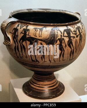 Arte greche. Boeotian tardi pedestalled geometrica crater con incontro di pugilato. Da Tebe, c. 690-670 A.C. Museo Archeologico Nazionale. Atene. La Grecia. Foto Stock