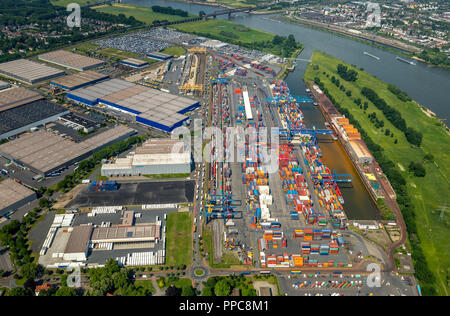 Vista aerea, porto di Duisburg sul Reno, posizione logistica Logport 1, container port, Rheinhausen, Duisburg, la zona della Ruhr Foto Stock