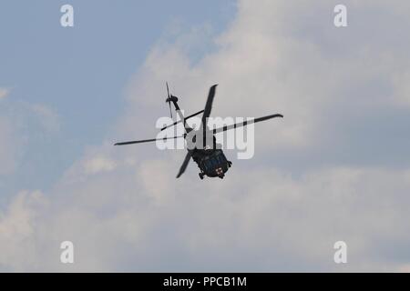 Un U.S. Esercito UH-60 Black Hawk elicottero si prepara a terra durante una evacuazione medica (MEDEVAC) trapano per un figurativamente-soldato ferito durante una tabella XII Live esercitazione antincendio, Novo Selo Area Formazione, Bulgaria, 23 agosto 2018. Questo esercizio è a sostegno di Atlantic risolvere, il permanere di un esercizio di formazione tra la NATO e gli Stati Uniti Le forze. Foto Stock