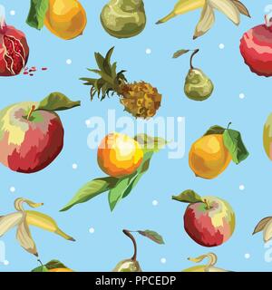 Vettore illustrazione colorata. Modello senza cuciture con diversi frutti (limone, banana, mela, melograno, pera, mandarino, ananas) isolato su blu Illustrazione Vettoriale