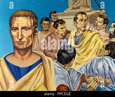Giulio Cesare (100-44 a.C.). Politico romano e generale. Uccisione di Cesare vittima di una congiura repubblicana. Disegno di Francisco Fonollosa, fine del XX secolo. La pittura ad acquerello. Foto Stock