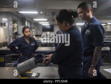 Golfo di Aden (sett. 3, 2018) - marinaio na Zhao, assegnato a Whidbey Island-class dock landing ship USS Rushmore (LSD 47), dimostra arma adeguata compensazione procedure canna ad artigliare il compagno del 1° classe Clarence Jones durante un durante la regolarmente la distribuzione programmata dell'Essex anfibio gruppo pronto (ARG) e xiii Marine Expeditionary Unit (MEU). L'Essex ARG/XIII MEU è letale, flessibile e persistente Navy-Marine Corps team distribuito negli Stati Uniti Quinta Flotta area di operazioni a sostegno di operazioni navali per garantire stabilità marittimo e la sicurezza nella regione centrale, per il collegamento a medi Foto Stock