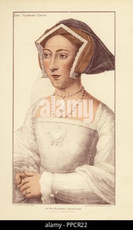 Jane Seymour, regina d'Inghilterra, moglie del Re Enrico VIII, figlia di Sir John Seymour, madre del re Edward VI. Handcolored incisione su rame da Francesco Bartolozzi dopo Hans Holbein da facsimili di disegni originali di Hans Holbein, Hamilton, Adams, Londra, 1884. Foto Stock