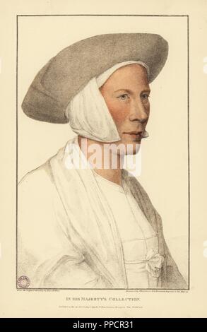 Ritratto di una donna sconosciuta, c. 1532. Handcolored incisione su rame da Francesco Bartolozzi dopo Hans Holbein da facsimili di disegni originali di Hans Holbein, Hamilton, Adams, Londra, 1884. Foto Stock