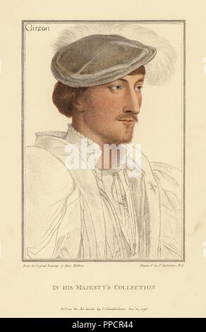 Edward Clinton, 1° Conte di Lincoln, Signore Alto Ammiraglio, ambasciatore, cortigiano, 1512-1584. Handcolored incisione su rame da Francesco Bartolozzi dopo Hans Holbein da facsimili di disegni originali di Hans Holbein, Hamilton, Adams, Londra, 1884. Foto Stock