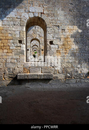 Allineamento dei pilastri che supportano il ponte per accedere al gate Royale attraversando il fossato. Cittadella del Château d'Oléron. la Francia Foto Stock