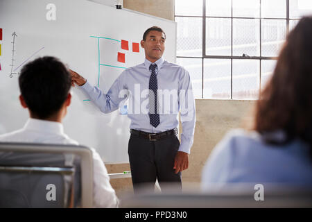 Imprenditore mediante whiteboard durante la presentazione, close up Foto Stock