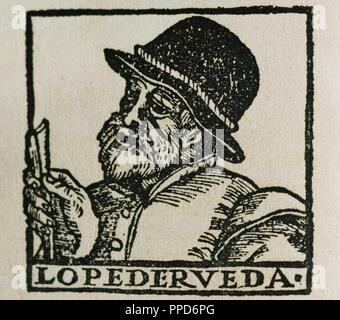 Lope de Rueda (1510-1565). Lo scrittore spagnolo. Ritratto. Incisione. " El Deleitoso'. Coperchio, 1557. Foto Stock