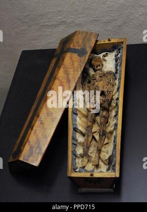 Memento mori nella forma di una piccola bara. La Germania meridionale (?), XVIII secolo. Cera figura su seta in una bara di legno. Museo Schnu ditgen. Colonia, Germania. Foto Stock