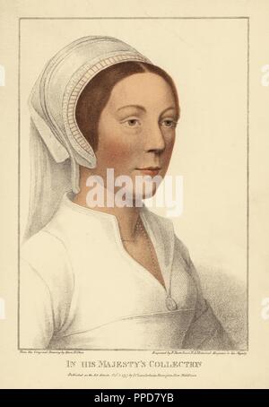 Catherine Howard, quinta moglie del Re Enrico VIII, decapitato 1541. Ora elencato come donna non identificato. Handcolored incisione su rame da Francesco Bartolozzi dopo Hans Holbein da facsimili di disegni originali di Hans Holbein, Hamilton, Adams, Londra, 1884. Foto Stock