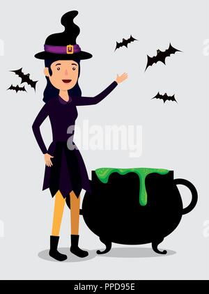 Scheda di halloween con strega travestimento e calderone Illustrazione Vettoriale