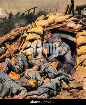 La prima guerra mondiale (1914-1918). Il capitano francese chiuso nelle trincee dalle truppe tedesche (1918). Disegno colorato in ' La Domenica del Corriere". Foto Stock