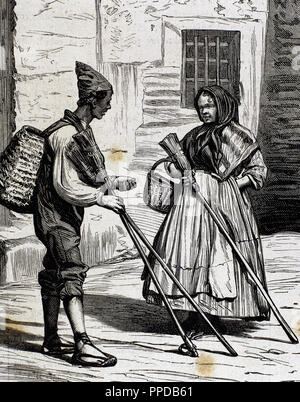 I tipi più diffusi. I venditori di scope. Valencia. Spagna. Incisione in "l'Spagnolo e illustrazione americana" (1872). Foto Stock