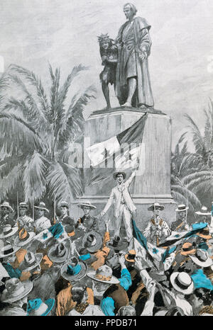 La storia di Panama. Il colon. Annuncio della separazione di Panama dalla Colombia di fronte al monumento a Colombo il 3 novembre, 1903. Incisione colorata. Foto Stock