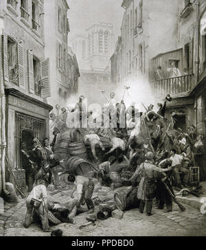 REVOLUCION liberale de 1830. FRANCIA. El 27 de julio se inician las 'Tres jornadas gloriosas' en las que se atrincheraron obreros y estudiantes, obligando a la abdicación de CARLOS X y al ascenso al trono de Luis Felipe. '29 de julio de 1830. CALLE DEL PETIT-PONT. LA BANDERA TRICOLORE ONDEA EN NOTRE DAME ANUNCIANDO EL FIN DE LA LUCHA CON EL TRIUNFO DE LOS LIBERALES'. Grabado. Foto Stock