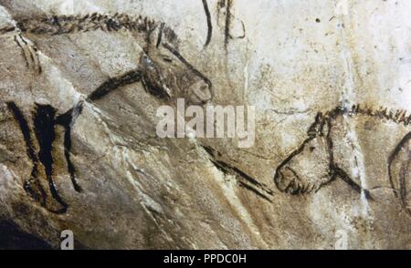 La Francia. Regione Occitaine. Dipartimento Ariège. Grotta di Niaux. Periodo di Magdalenian (17.000-11.000 anni fa). Tardo Paleolitico Superiore. Nero camera. I dipinti rupestri raffiguranti cavalli. Foto Stock