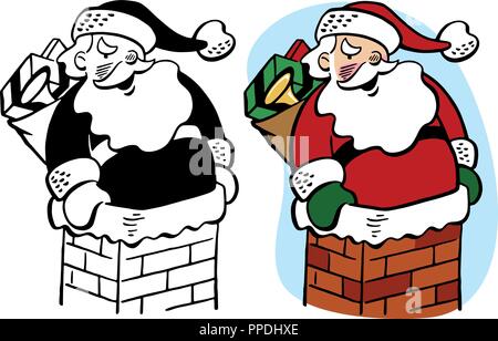 Un cartoon di Santa Claus bloccato in un camino per la Vigilia di Natale. Illustrazione Vettoriale