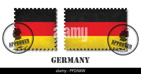 La Germania o la bandiera tedesca pattern francobollo con vecchio grunge texture antigraffio e apporre un sigillo su sfondo isolata . Colore nero nome del paese con un Illustrazione Vettoriale