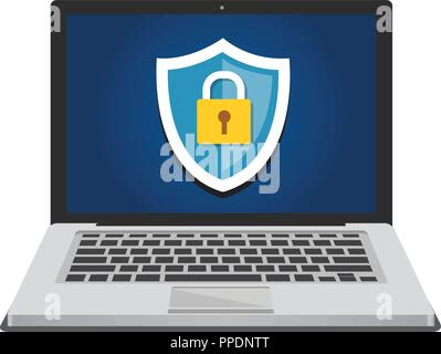 La sicurezza del computer e la protezione dei dati concetto con icona dello scudo e lucchetto Illustrazione Vettoriale