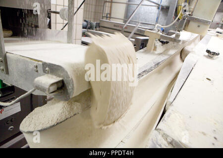 La produzione di pane nel panificio del Monaco di Baviera Hofpfisterei. La pasta viene fornito attraverso l'albero di una .livello inferiore nel divisore di pasta, poi le porzioni di impasto eseguito su un nastro trasportatore attraverso la farina duster, qui la pasta cade nella pasta formatrice. Foto Stock