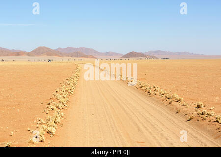 I turisti in auto 4x4 su un self-drive viaggio sulla strada di ghiaia attraverso il paesaggio deserta Foto Stock