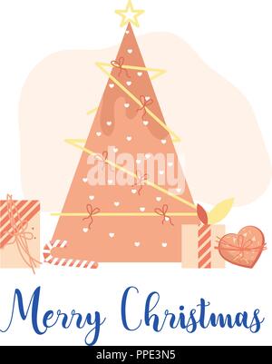 Biglietto di auguri con doni e un albero di Natale per il nuovo anno e di Natale Illustrazione Vettoriale